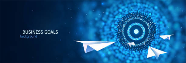 Business goal solution concept. Paper planes flies to the abstract target vector web banner. ESP 10 Business goal solution concept. Paper planes flies to the abstract target vector web banner. ESP 10. growth concept stock illustrations