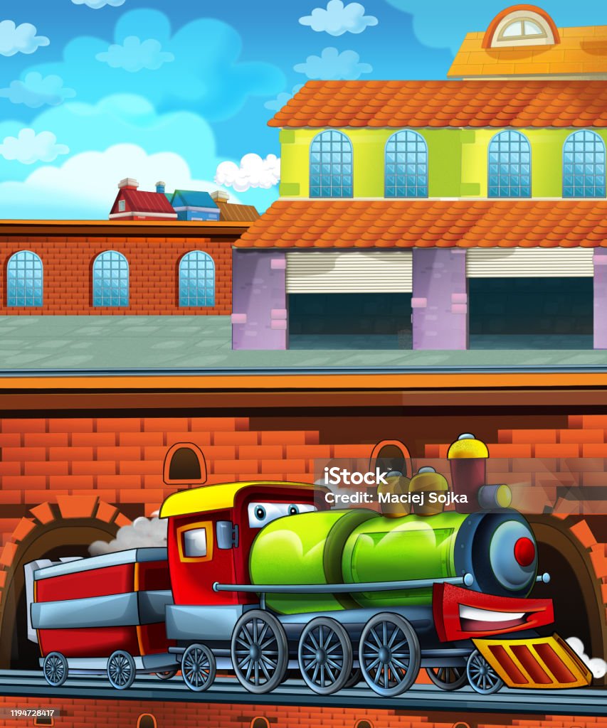 Cartoon Funny Looking Train On The Train Station Near The City Stock  Illustration - Download Image Now - iStock