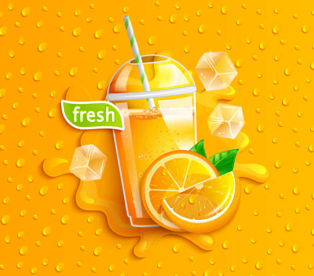 ilustraciones, imágenes clip art, dibujos animados e iconos de stock de jugo de naranja fresco con hielo y frutas. - healthy eating backgrounds freshness luxury