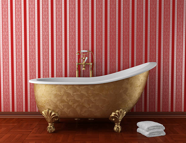 istock classic bathroom with old bathtub and red stripped wall 119472976