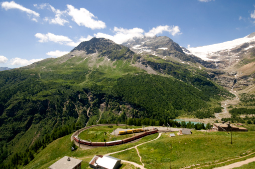 View on Rigi mountain and Arth–Rigi railway train line rack railway in Swiss Alps in Switzerland