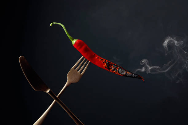Hot chili red pepper smoking on a fork. Spice concept. Copy space.