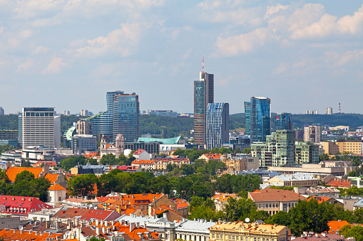 Vilnius, Lithuania - June 11, 2019: The New City Centre (Lithuanian: Šnipiškės) is the new business district located on the north bank of the river Neris.