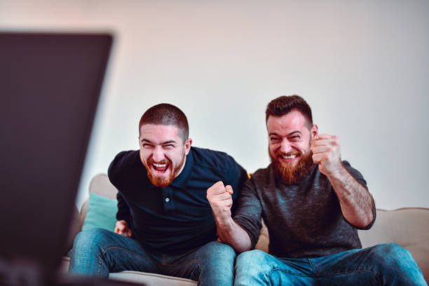 two male sports fans enjoying tense soccer match - fan sport football male imagens e fotografias de stock