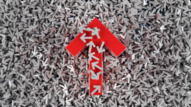 istock Red Arrow Moving Up on White Arrows 1194737597