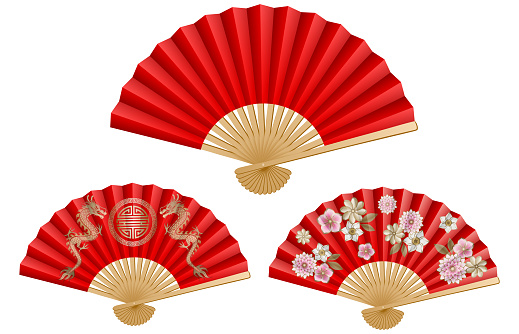 set red chinese fans with decorations vector