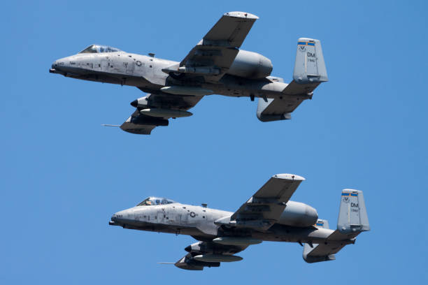 US Air Force USAF Fairchild A-10 Thunderbolt 81-0945 flypast over Budapest city downtown BUDAPEST / HUNGARY - JULY 4, 2015: US Air Force USAF Fairchild A-10 Thunderbolt 81-0945 flypast over Budapest city downtown a10 warthog stock pictures, royalty-free photos & images