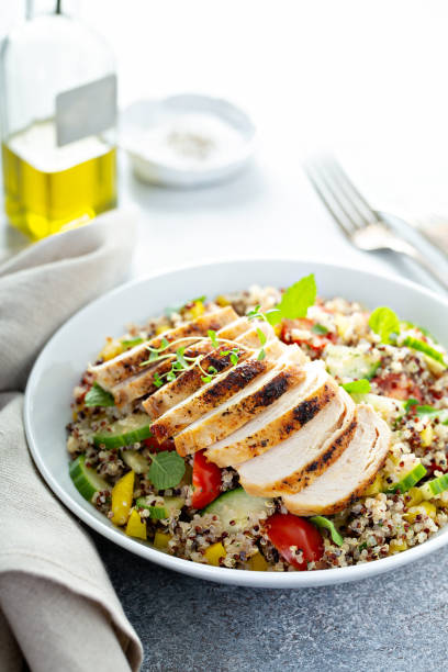 istock Fresh quinoa tabbouleh salad with grilled chicken 1194739822