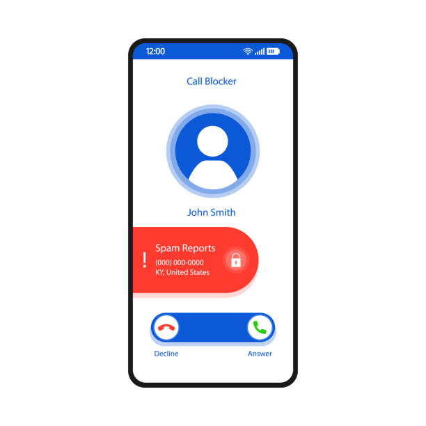 Call blocker smartphone interface vector template Call blocker smartphone interface vector template. Mobile app page white design layout. Unwanted incoming calls rejecting screen. Flat UI for application. Add to blacklist, spam. Phone display spam meat stock illustrations