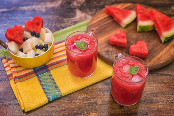 istock Fruit salad made from melon, watermelon and chokeberry with watermelon juice on table 1194739864