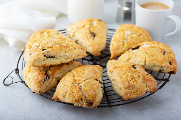 Homemade chocolate chunk scones with coffee for breakfast