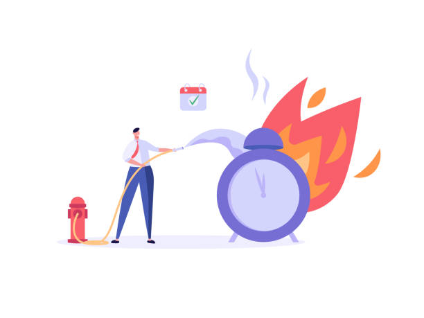 istock Successful businessman put out fire, a burning clock. Concept of time managment, deadline, self control, self discipline. Vector illustration in flat cartoon design 1194739969