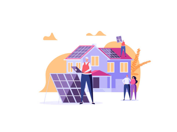 균일 한 설치 및 집에서 태양 전지 패널을 조정하는 태양 광 엔지니어. 태양 에너지, 태양 광 발전, 태양 광 공학 서비스, 미래의 직업의 개념. 만화 디자인의 벡터 일러스트레이션입니다. - house residential structure cable sun stock illustrations