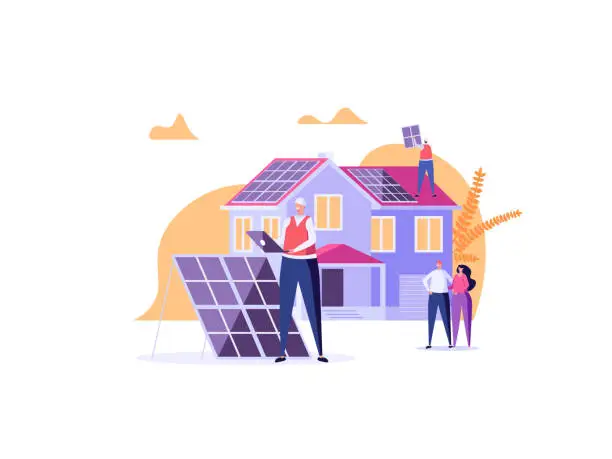 Vector illustration of Solar engineer in uniform installs and tunes solar panels on house. Concept of solar energy, solar power, solar engineering service, professions of future. Vector illustration in cartoon design.