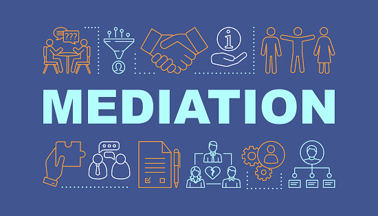Mediation word concepts banner. Coworking. Dispute, conflict legal resolution. Presentation, website. Isolated lettering typography idea with linear icons. Divorce assist. Vector outline illustration