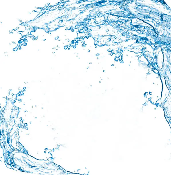Photo of Blue water splashes over white background. 3D illustration