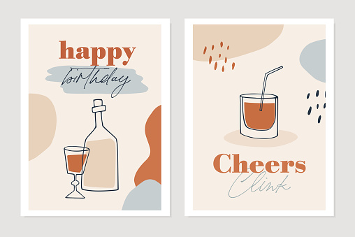Set of New Years greeting cards, party invitations. Cocktail, wine bottle and drink glasses. Cheers and happy birthday text. Abstract geometric shapes background. Vector illustrations.