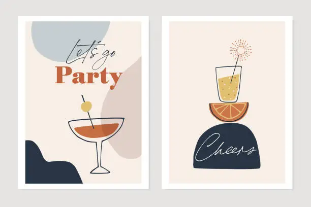 Vector illustration of Set of New Years greeting cards, party invitations. Cocktails, drink glasses with orange fruit and sparkler. Cheers and lets go party text. Abstract geometric shapes background. Vector illustrations.