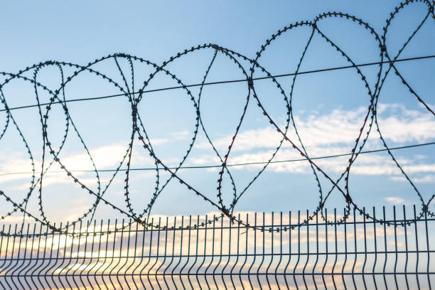 istock Barbed wire and fence against the sky 1194743546