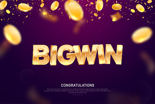 Big win gold sign vector banner for gambling template. Illustration for casino or online games. Falling down coins and confetti on dark background with blur motion effect.