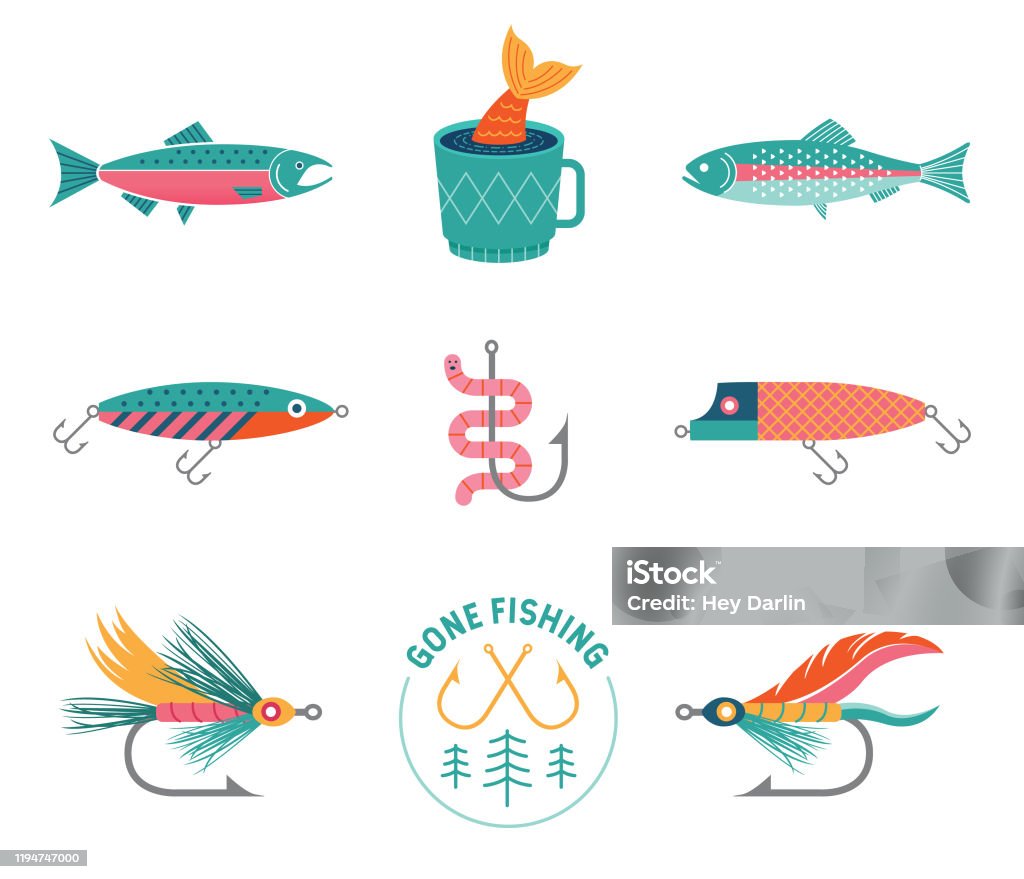 Vintage Fishing A collection of fishing icons including fish and lures Fishing Bait stock vector