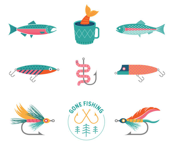 Vintage Fishing A collection of fishing icons including fish and lures fly fishing illustrations stock illustrations
