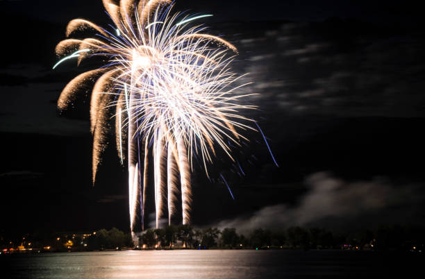 istock Fireworks gold and white reflecting over lake holiday celebration 1194747875
