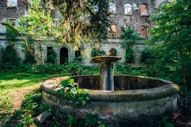 Old overgrown round broken fountain near ruins of abandoned mansion.