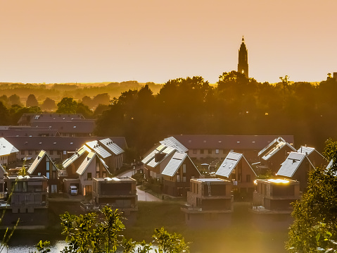 Modern neighborhood in rhenen city during sunset, Rural town in the Netherlands