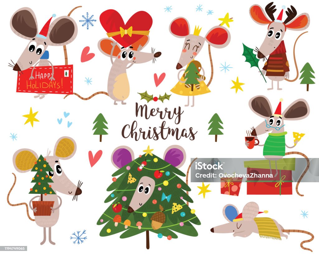 Christmas Cartoon Mouses Collection Winter Hand Drawn Set Of Cute ...