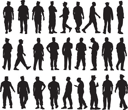Vector silhouettes of twenty-seven military personal.
