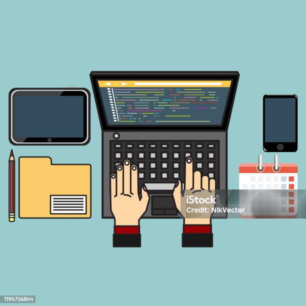Programmer Coding A New Project Using Laptop Flat Vector Illustration ...