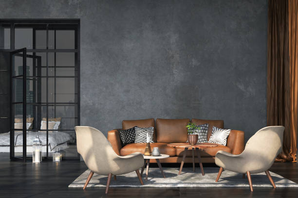 Living room interior in loft, industrial style Living room interior in loft, industrial style, 3d render dirty old couch stock pictures, royalty-free photos & images