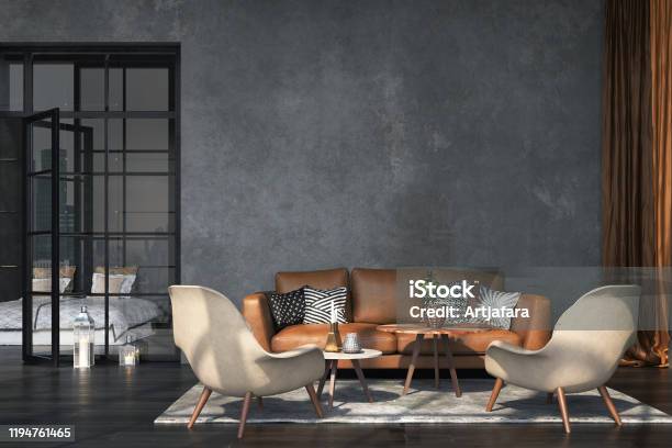 Living Room Interior In Loft Industrial Style Stock Photo - Download Image Now - Indoors, Industry, Living Room