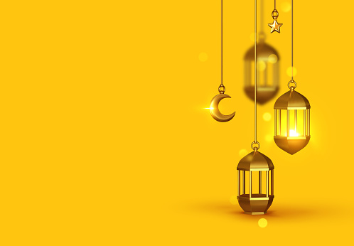 Yellow Background 3d design is arabian vintage decorative hanging lamp are on fire. Decoration light lantern, gold stars on ribbon and golden crescent moon.