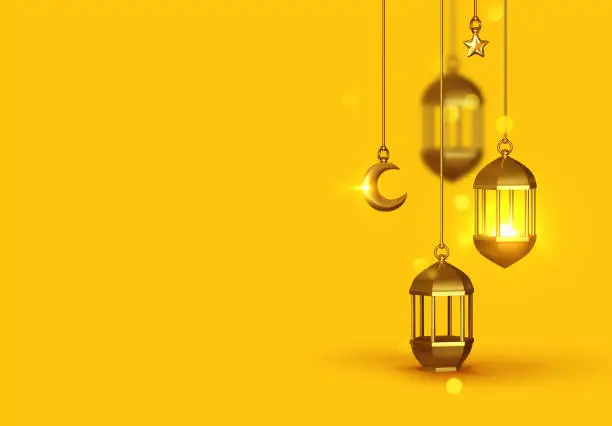 Vector illustration of Yellow Background 3d design is arabian vintage decorative hanging lamp are on fire. Decoration light lantern, gold stars on ribbon and golden crescent moon.