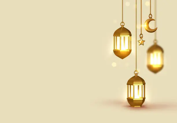 Vector illustration of Beige Background 3d design is arabian vintage decorative hanging lamp are on fire.