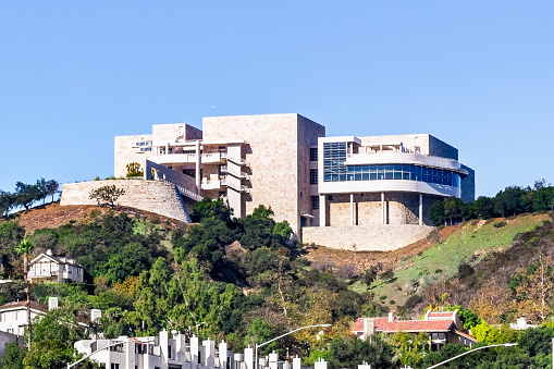 Dec 9, 2019 Los Angeles / CA / USA - Getty Center as seen from Highway 405; The Getty Center complex was designed by architect Richard Meier