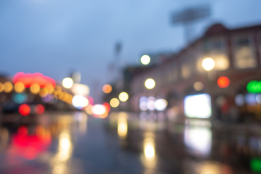rainy wet lansdowne street in boston massachusetts at fenway park