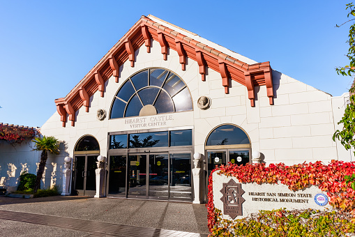 December 9, 2019 San Simeon / CA / USA - Hearst Castle Visitor Center building close to the Pacific Ocean coastline