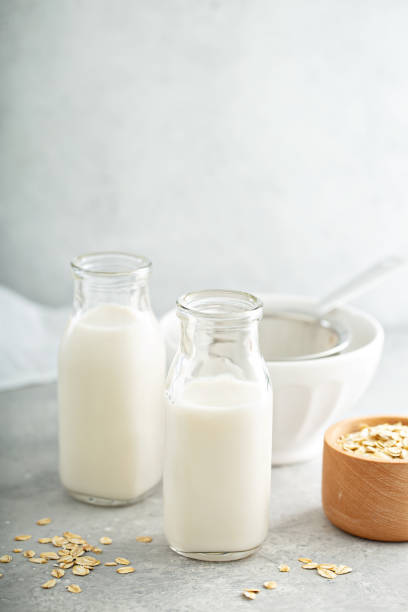 istock Oat milk in glass bottles 1194766797