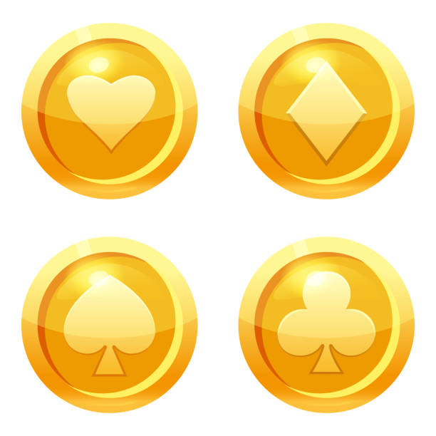 ilustraciones, imágenes clip art, dibujos animados e iconos de stock de set monedas de juego trajes de cartas de palos, corazones, diamantes, picas icono de oro, interfaz de juego, metal de oro. para la interfaz de usuario de la interfaz de usuario de la interfaz de usuario web, juego o aplicación. ilustración vectorial aisl - token gold coin treasure