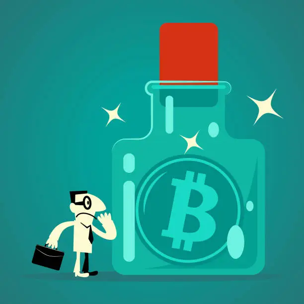 Vector illustration of Businessman looking at a Bitcoin (Cryptocurrency) in the confined space glass bottle with a cork