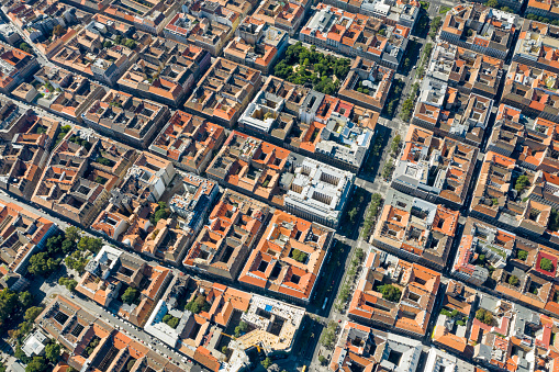 Aerial view of residential buildings viewed from above.