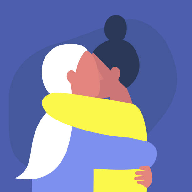 ilustrações, clipart, desenhos animados e ícones de um casal de jovens adultos do sexo feminino abraçando uns aos outros, parceiros afetuosos, dia de são valentim, lgbtq - hug