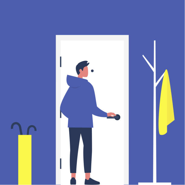 młody męski charakter otwierający drzwi wejściowe, umeblowany korytarz apartamentowy, styl życia, codzienne życie - hall stand illustrations stock illustrations