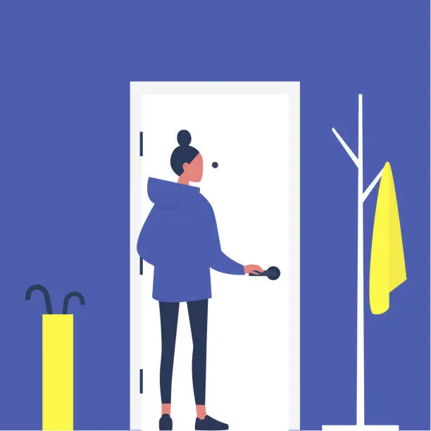 Vector illustration of Young female character opening a front door, furnished apartment corridor, lifestyle, daily life