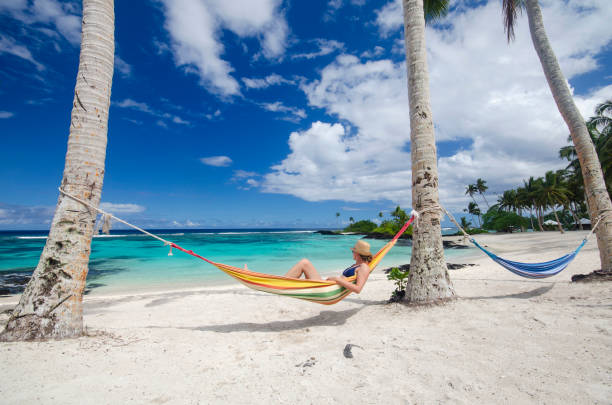 istock Woman relaxing in hammock on a beach 1194781749