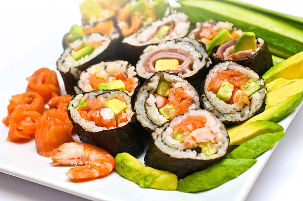 Japanese cuisine, assorted sushi rolls stock photo