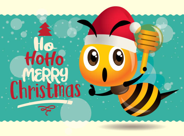wesołych świąt bożego narodzenia. śliczne pszczoły trzymające miód z dużym turkusową tablicą. wesołych świąt kartka z życzeniami - vector - big eyes obrazy stock illustrations